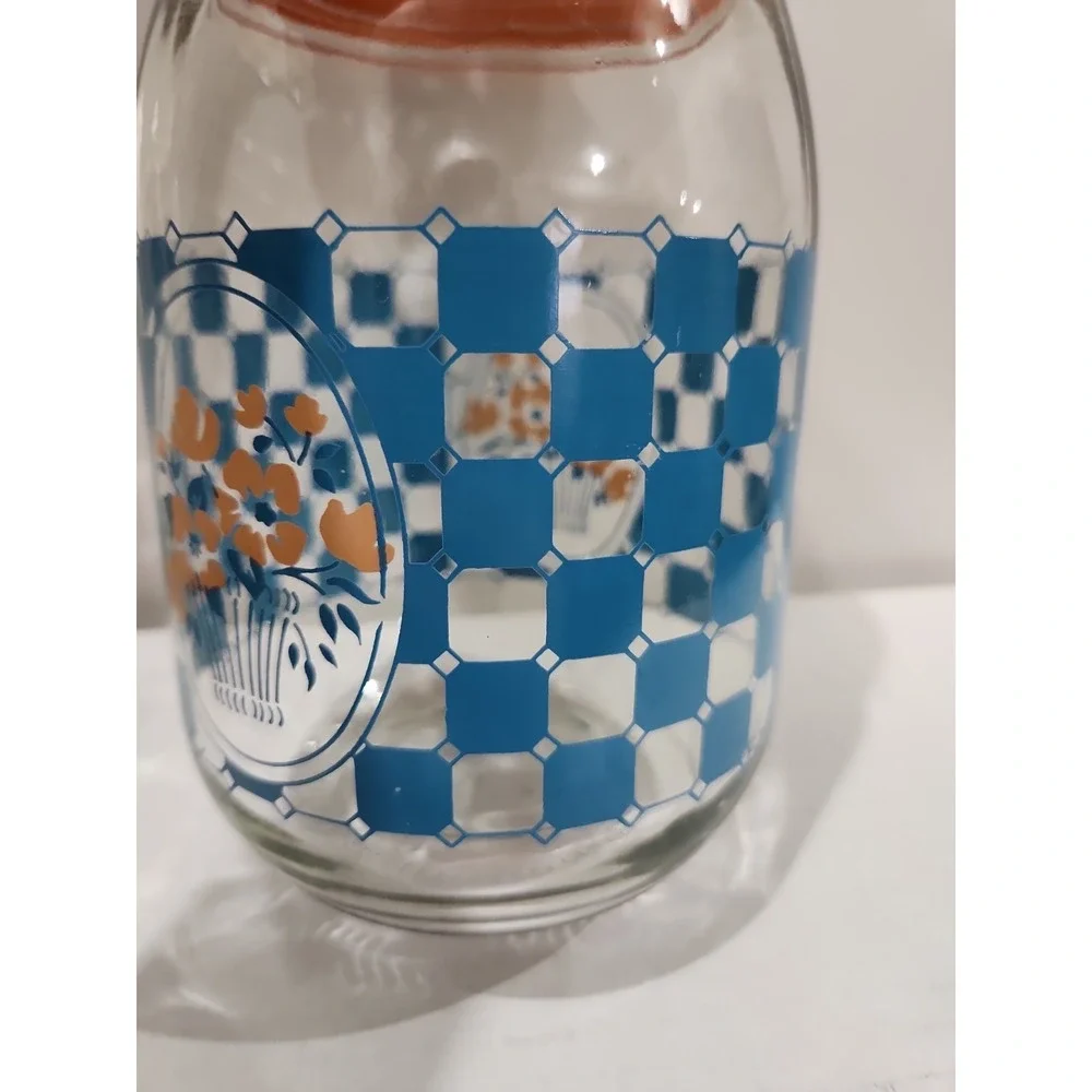 Vintage Carlton Glass Jar With Blue Checkered Pattern And Floral Design